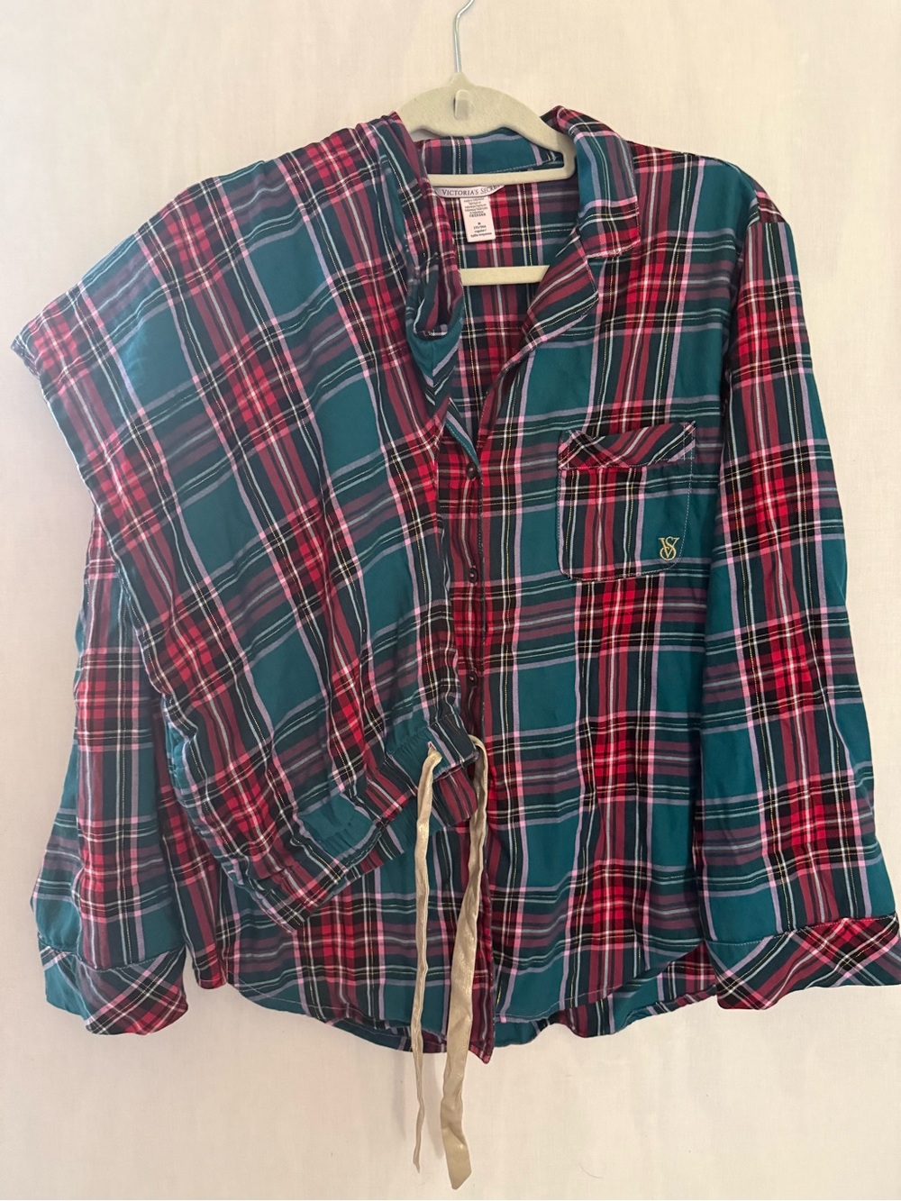 Victoria's Secret Teal and Red Plaid Button-Down Sleep Shirt 2pc Set